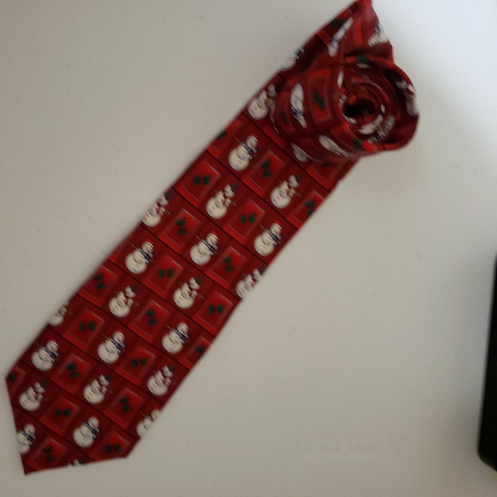 Belk Snowman Neck Tie Christmas Poinsettia Red Black Squares Holidays Handmade